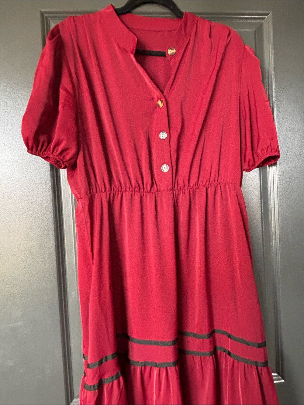 Red Button-Front Midi Dress with Contrasting Bands